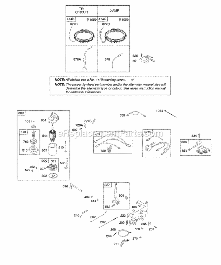 Alternator Controls Electric Starter Governor Spring Ignition Diagram and Parts List for 28AH76-0113-E1  Briggs and Stratton Engine